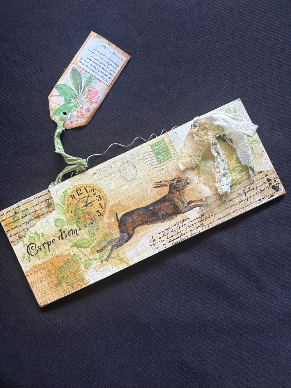 Handmade Mixed Media Bunny Rabbit Hare Wall Plaque Cottagecore Shabby Chic